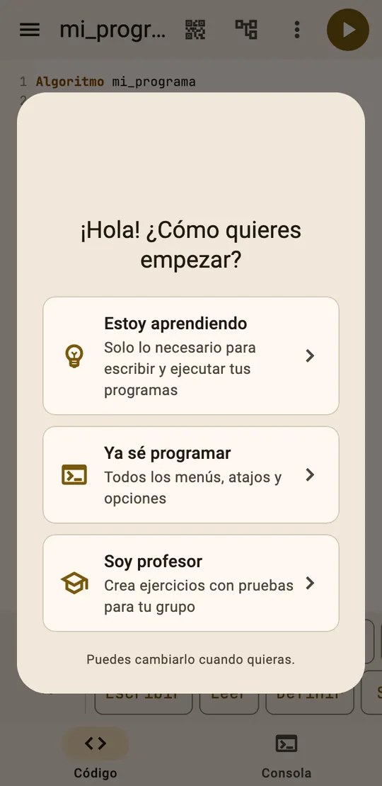 Pantalla de bienvenida de Jaguar en un celular con tres opciones: Estoy aprendiendo, Ya sé programar y Soy profesor.