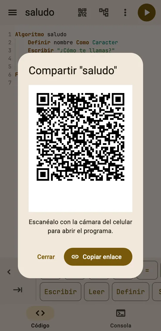 Ventana Compartir con un código QR del programa y el botón Copiar enlace.