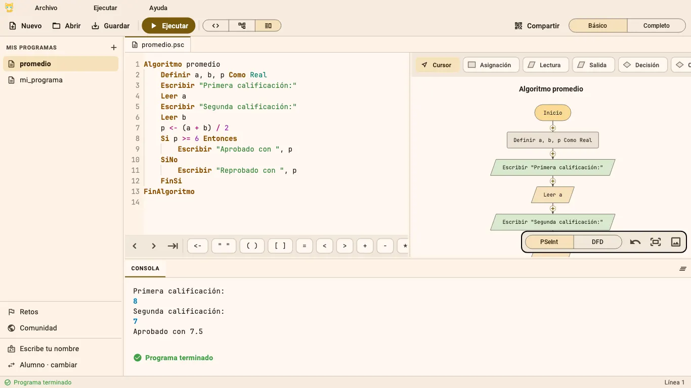 Jaguar en la computadora: a la izquierda la lista de programas, al centro el pseudocódigo de un promedio, a la derecha su diagrama de flujo y abajo la consola con el resultado Aprobado con 7.5.