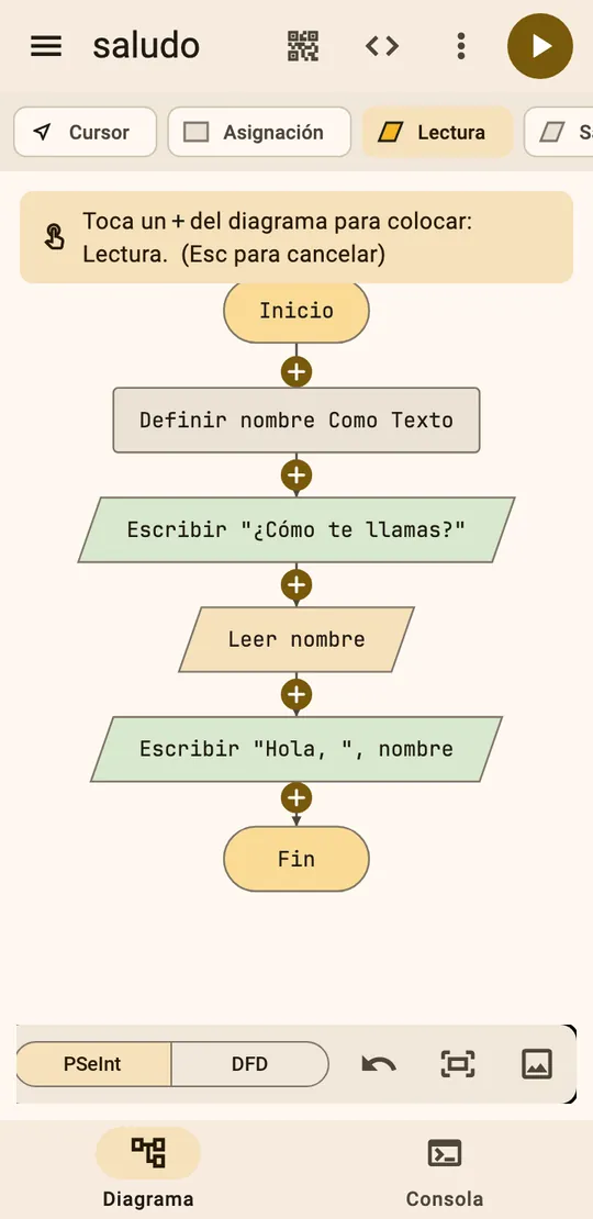 Diagrama de flujo en el celular con la figura Lectura elegida; un aviso dice: toca un + del diagrama para colocar Lectura.