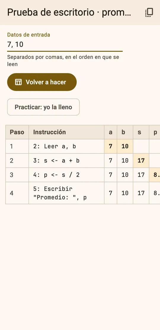 Prueba de escritorio de un promedio con los datos 7 y 10: tabla con los pasos y los valores de a, b, s y p.