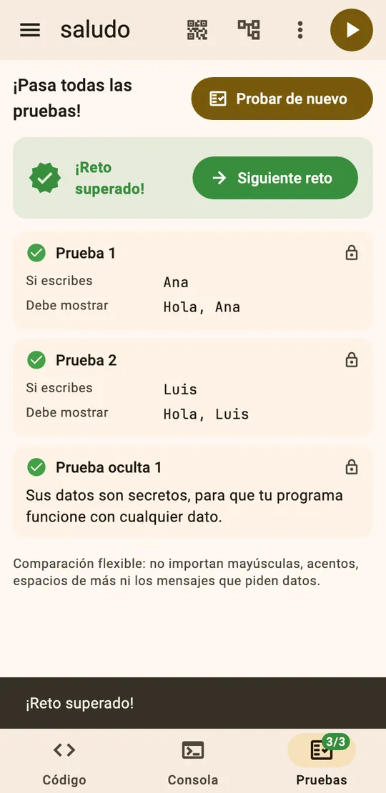 Pestaña Pruebas con las tres pruebas en verde, el mensaje Reto superado y el botón Siguiente reto.