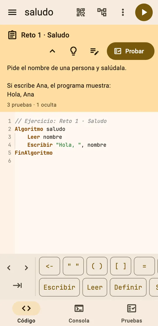 Reto 1 abierto en el celular: arriba el enunciado con los botones de pistas, planteamiento y Probar; abajo el código.